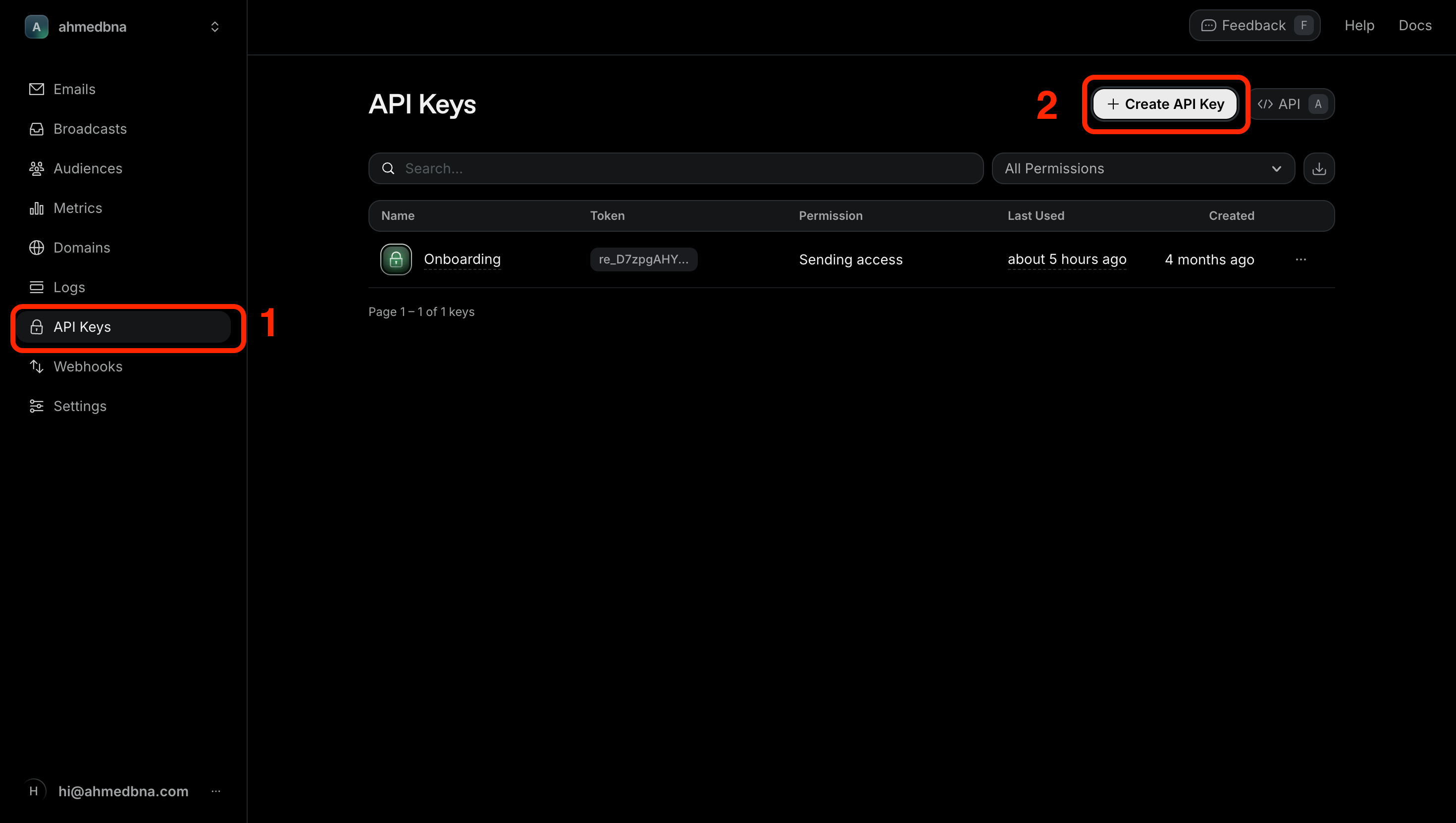 Resend API Keys page